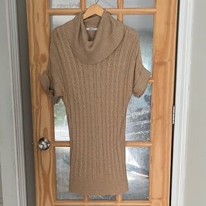 DKNYC Cable knit Cowl Neck short sleeve tunic top - Tan